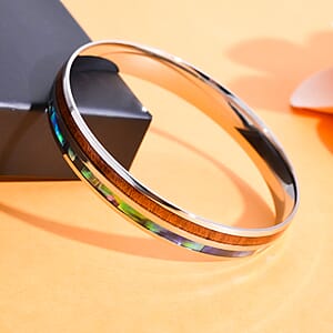 Acacia Wood and Abalone Shell Enameled Bangle Bracelet in Stainless Steel (8 in)