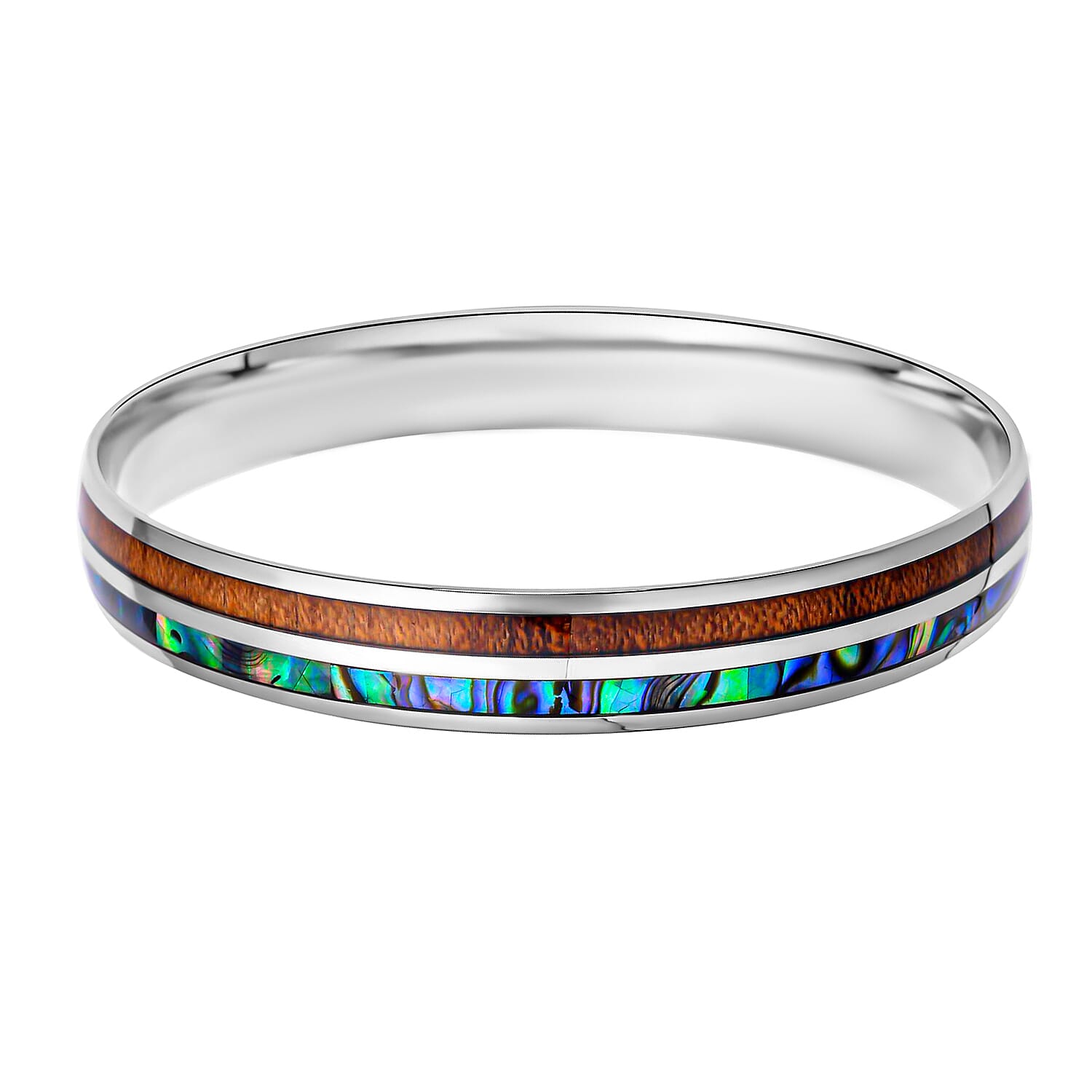 Acacia Wood and Abalone Shell Enameled Bangle Bracelet in Stainless Steel (8 in)