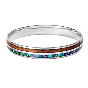 Acacia Wood and Abalone Shell Enameled Bangle Bracelet in Stainless Steel (8 in)