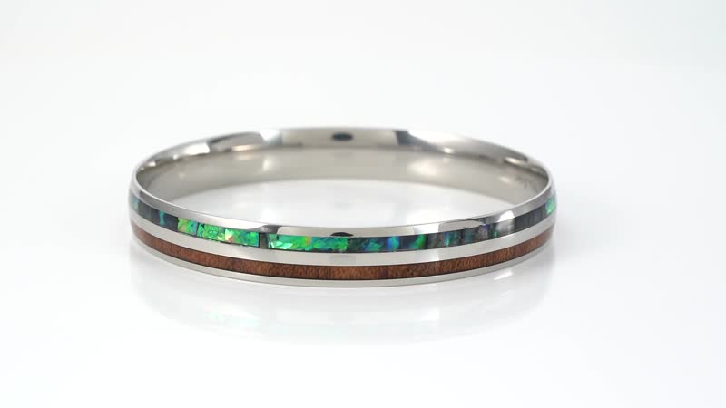 Acacia Wood and Abalone Shell Enameled Bangle Bracelet in Stainless Steel (8 in)