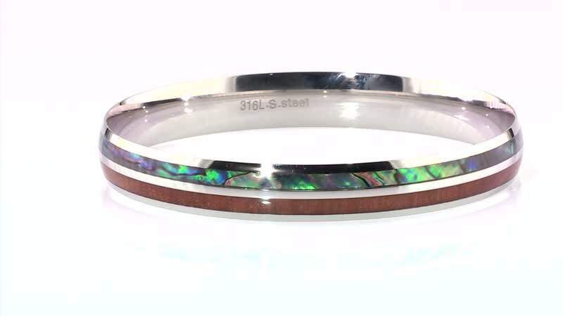 Acacia Wood and Abalone Shell Enameled Bangle Bracelet in Stainless Steel (8 in)