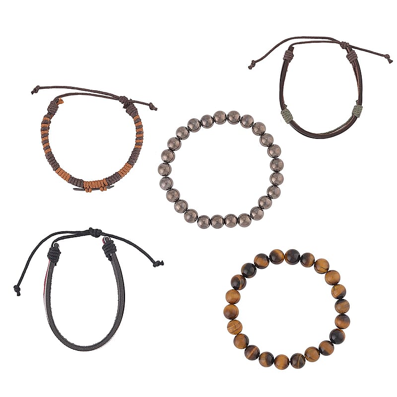 Set of 5 Tigers Eye, Chroma, Faux Leather, Men's Bracelets (Adjustable, Stretch) 154.00 ctw