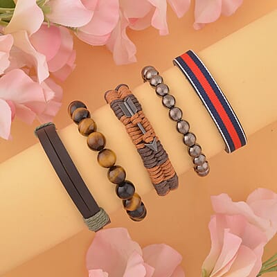 Set of 5 Tigers Eye, Chroma, Faux Leather, Men's Bracelets (Adjustable, Stretch) 154.00 ctw