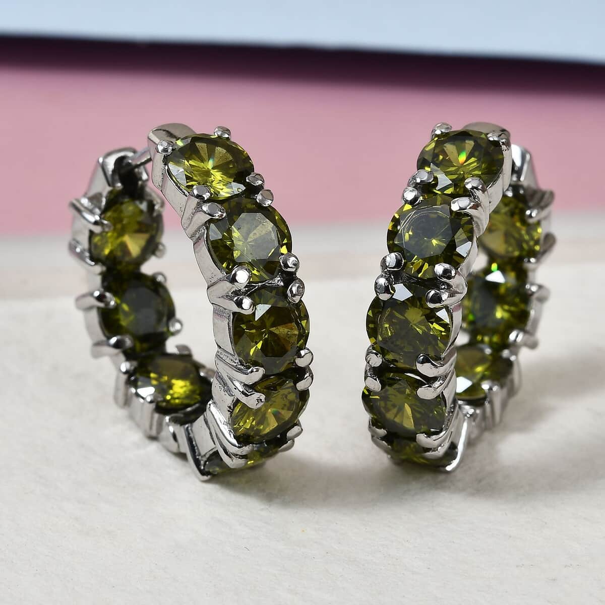 Simulated Green Diamond Earrings in Stainless Steel, Inside Out Hoops, Simulated Diamond Jewelry For Women 16.50 ctw image number 1