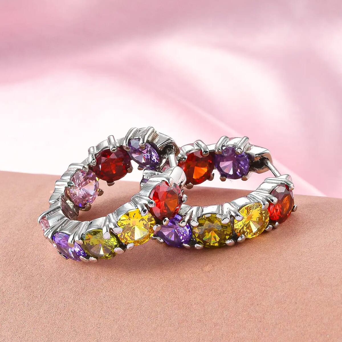 Simulated Multi Color Diamond Earrings in Stainless Steel, Inside Out Hoops, Simulated Diamond Jewelry For Women image number 1