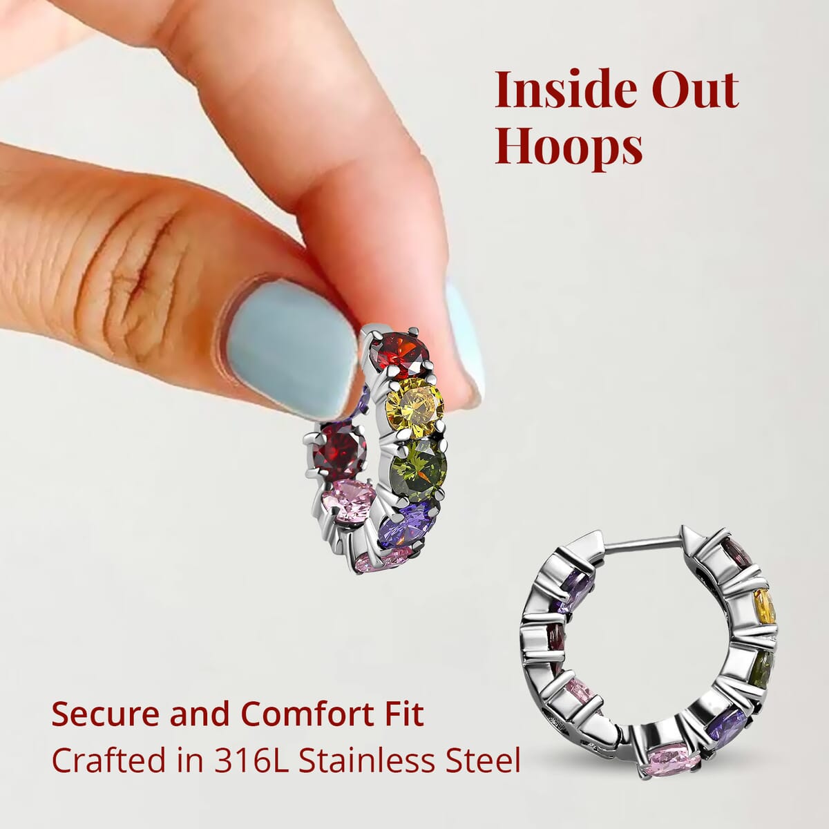 Simulated Multi Color Diamond Earrings in Stainless Steel, Inside Out Hoops, Simulated Diamond Jewelry For Women image number 3