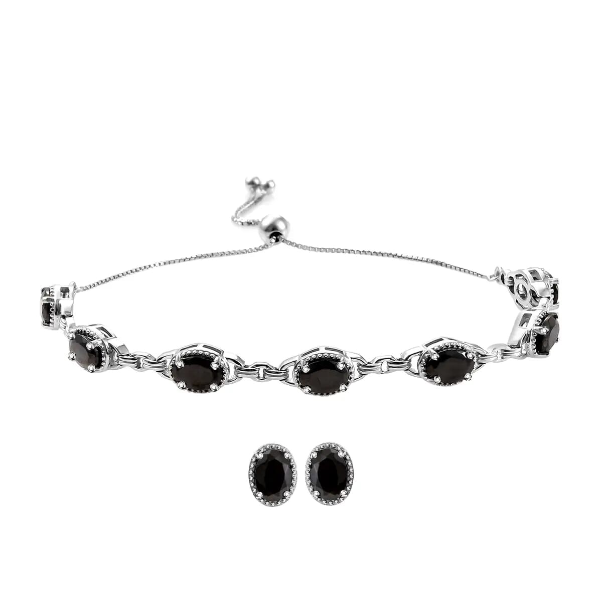Elite Shungite Earrings Bracelet in Platinum Over Sterling Silver, Adjustable Bolo Bracelet, Shungite Studs, Silver Jewelry Set 4.50 ctw image number 0