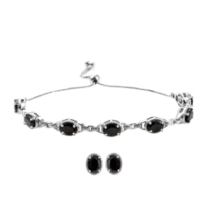 Elite Shungite Earrings Bracelet in Platinum Over Sterling Silver, Adjustable Bolo Bracelet, Shungite Studs, Silver Jewelry Set 4.50 ctw