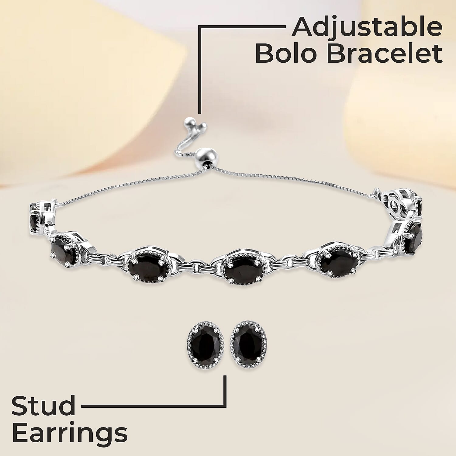 Elite Shungite Earrings Bracelet in Platinum Over Sterling Silver, Adjustable Bolo Bracelet, Shungite Studs, Silver Jewelry Set 4.50 ctw