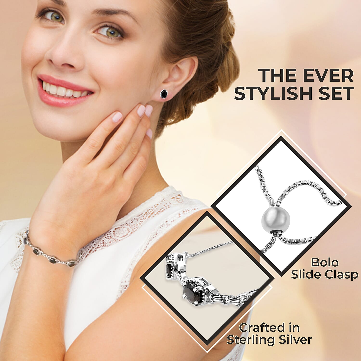 Elite Shungite Earrings Bracelet in Platinum Over Sterling Silver, Adjustable Bolo Bracelet, Shungite Studs, Silver Jewelry Set 4.50 ctw