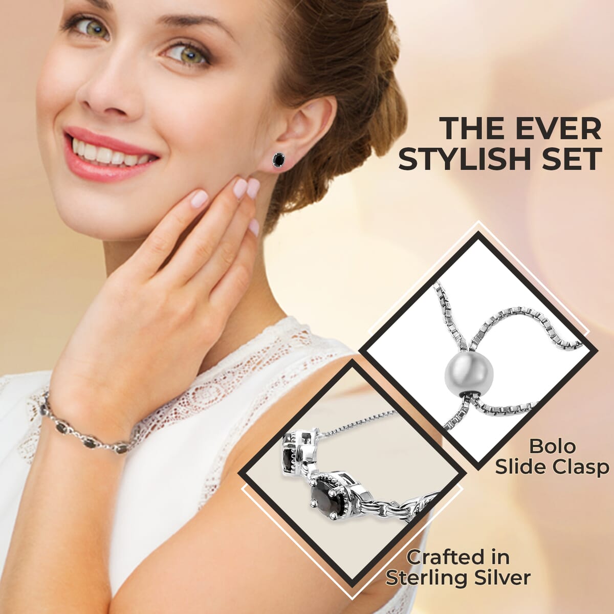 Elite Shungite Earrings Bracelet in Platinum Over Sterling Silver, Adjustable Bolo Bracelet, Shungite Studs, Silver Jewelry Set 4.50 ctw image number 2