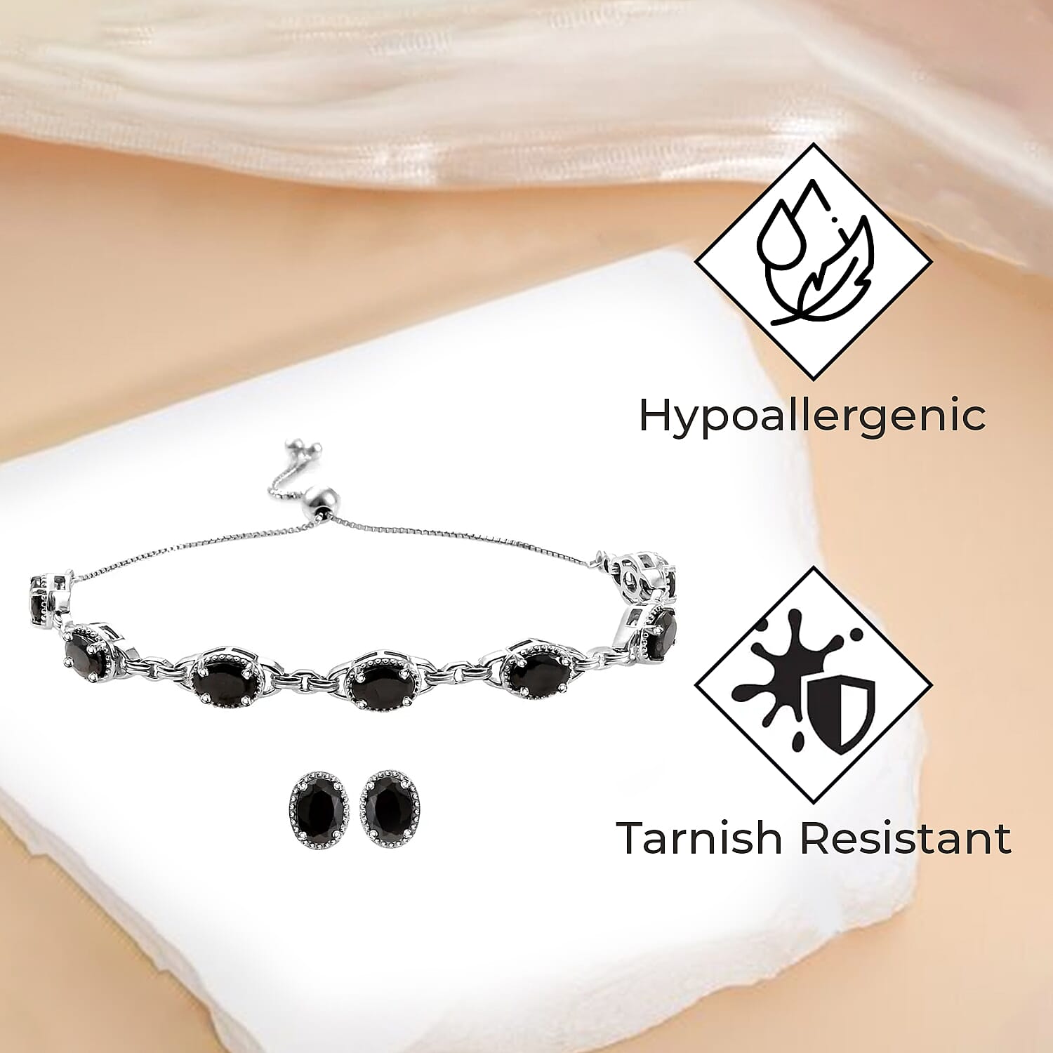 Elite Shungite Earrings Bracelet in Platinum Over Sterling Silver, Adjustable Bolo Bracelet, Shungite Studs, Silver Jewelry Set 4.50 ctw