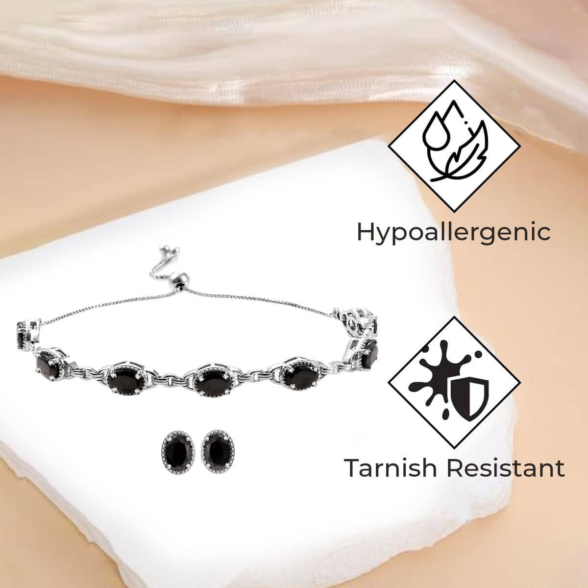 Elite Shungite Earrings Bracelet in Platinum Over Sterling Silver, Adjustable Bolo Bracelet, Shungite Studs, Silver Jewelry Set 4.50 ctw image number 3