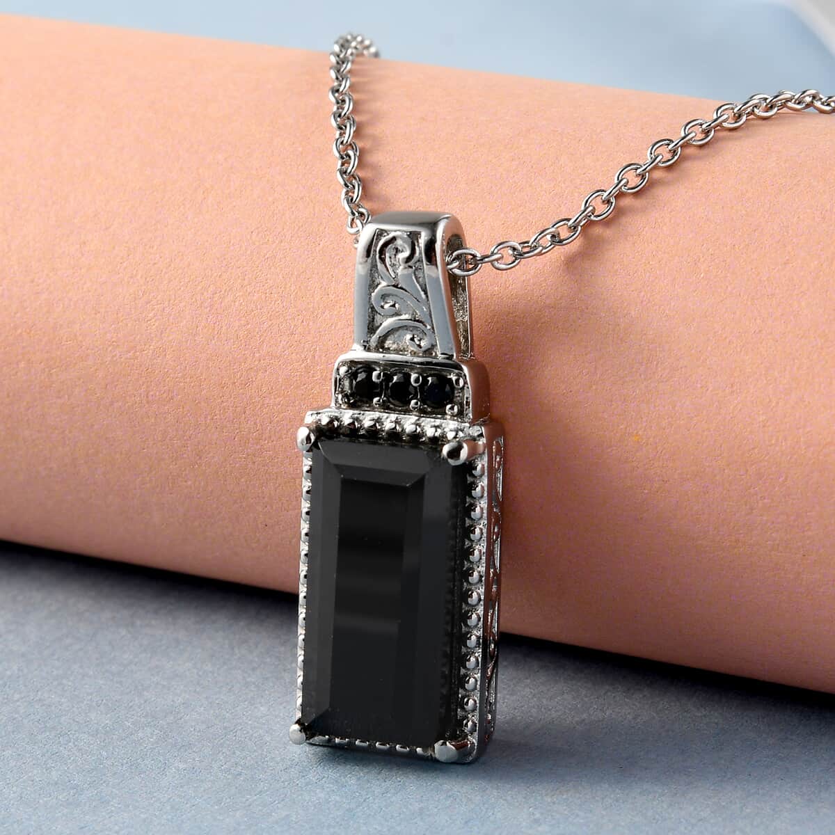 8.10 ctw Natural Thai Black Spinel Pendant Necklace 20 Inches in Stainless Steel image number 1