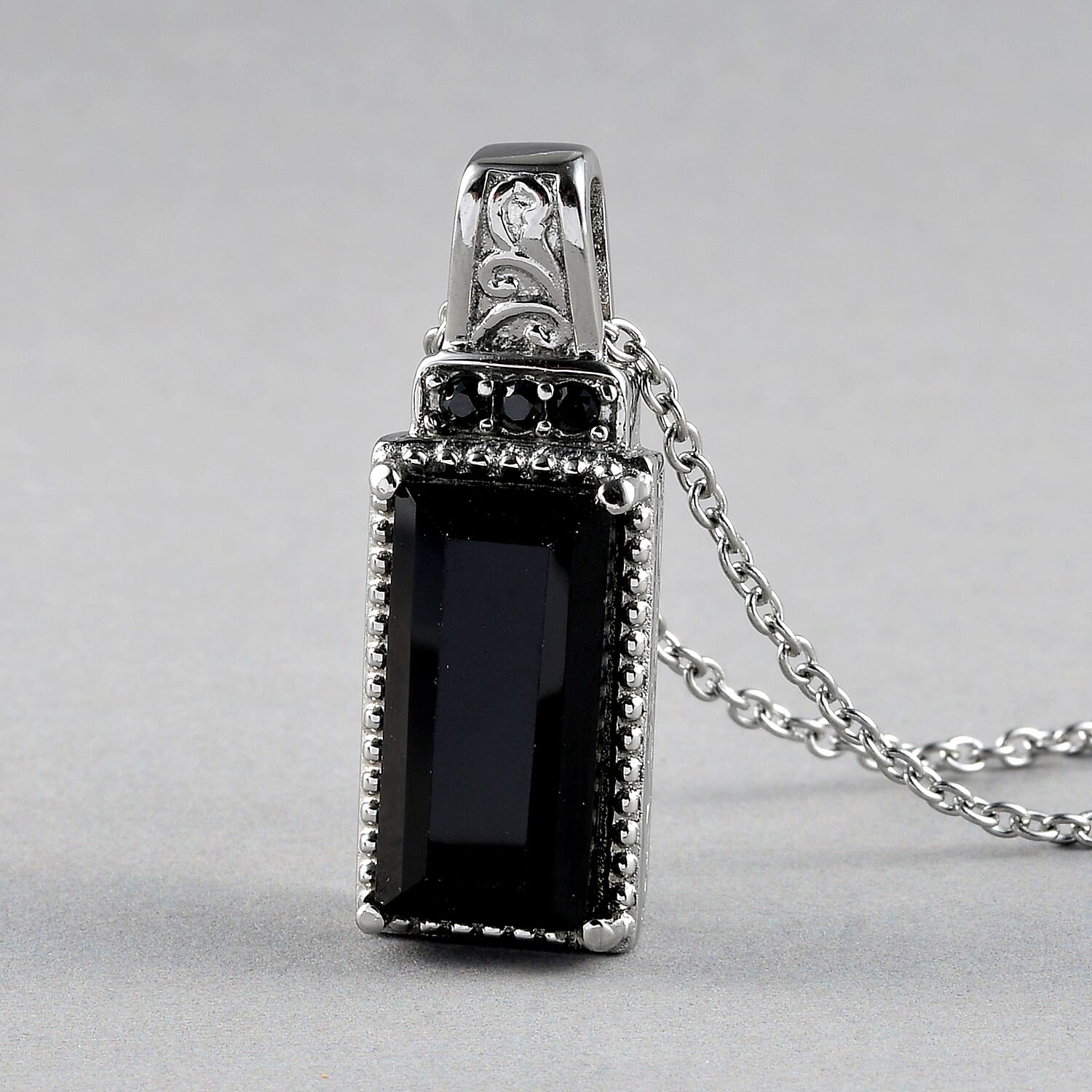 Thai Black Spinel 8.35 ctw Pendant Necklace in Stainless Steel 20 Inches
