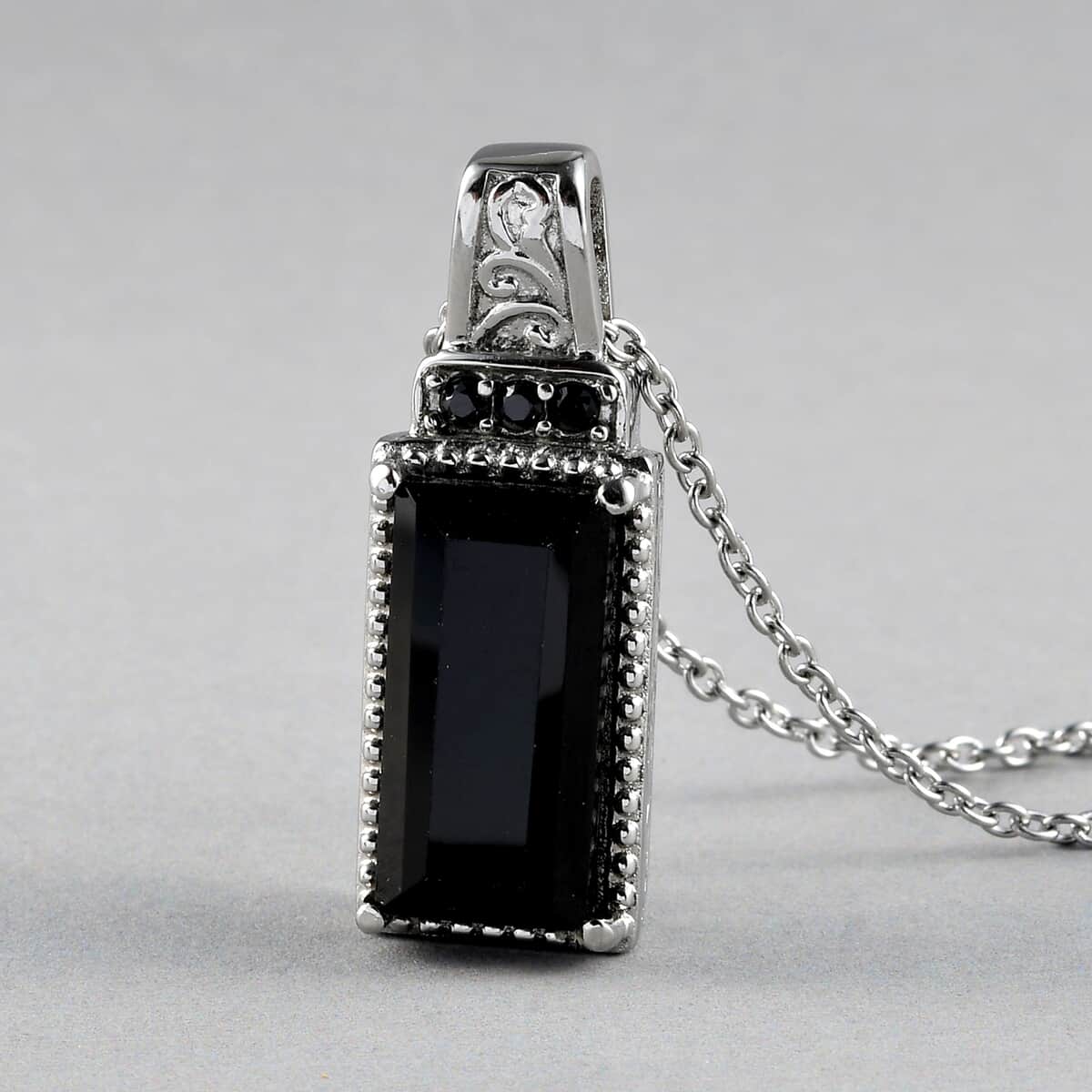 8.10 ctw Natural Thai Black Spinel Pendant Necklace 20 Inches in Stainless Steel image number 2