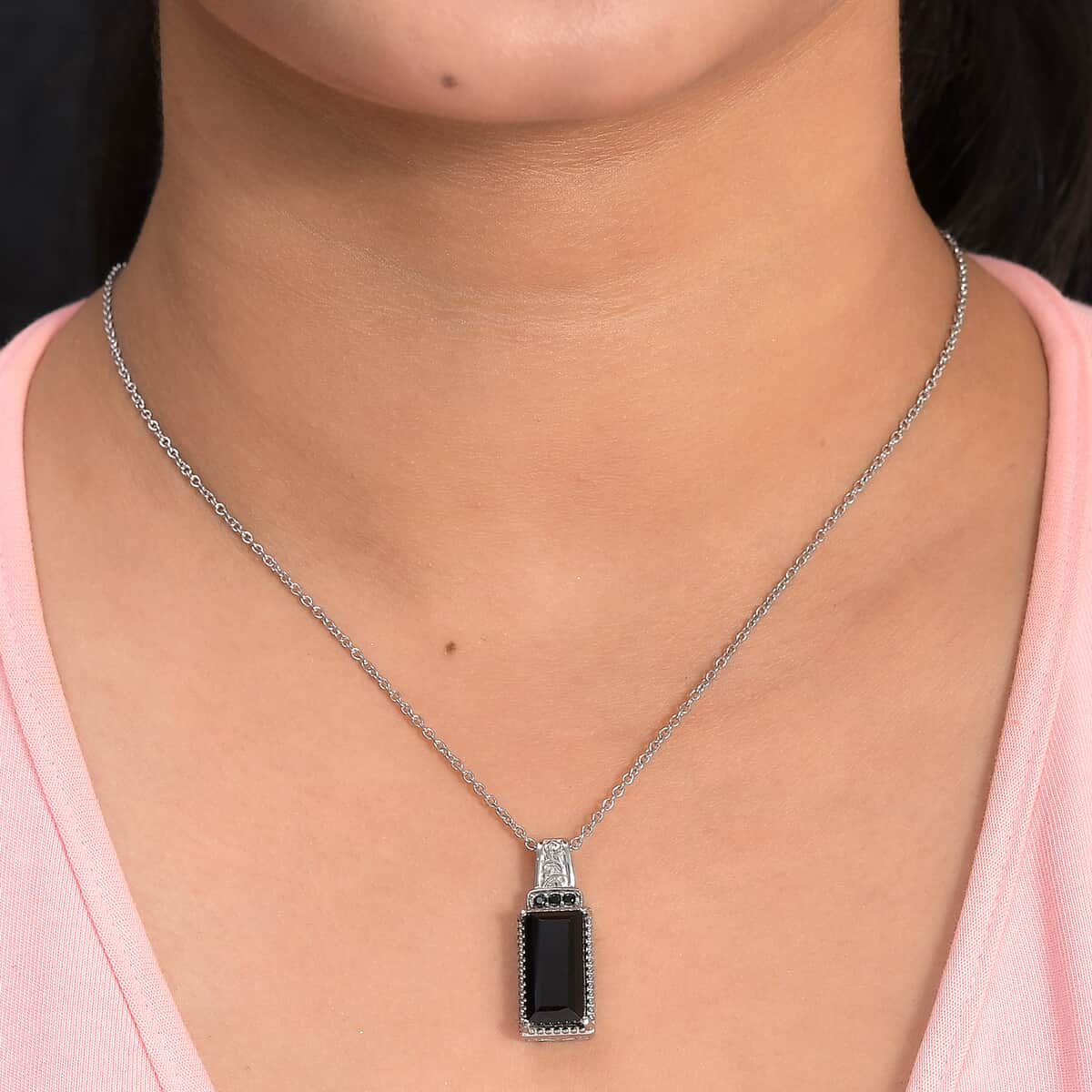 8.10 ctw Natural Thai Black Spinel Pendant Necklace 20 Inches in Stainless Steel image number 3