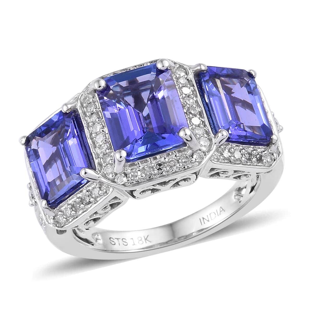ILIANA 18K White Gold AAA Tanzanite and G-H SI2 Diamond Trilogy Ring (Size 7.0) 8.45 Grams 5.65 ctw image number 0