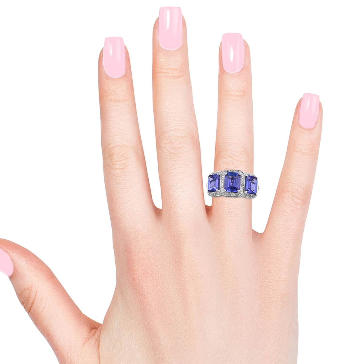 ILIANA 18K White Gold AAA Tanzanite and G-H SI2 Diamond Trilogy Ring (Size 7.0) 8.45 Grams 5.65 ctw image number 1