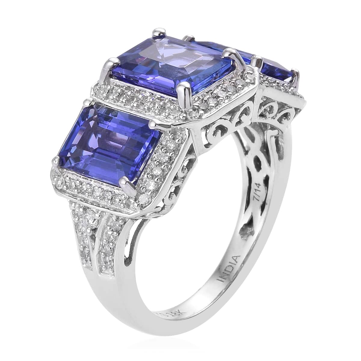 ILIANA 18K White Gold AAA Tanzanite and G-H SI2 Diamond Trilogy Ring (Size 7.0) 8.45 Grams 5.65 ctw image number 2