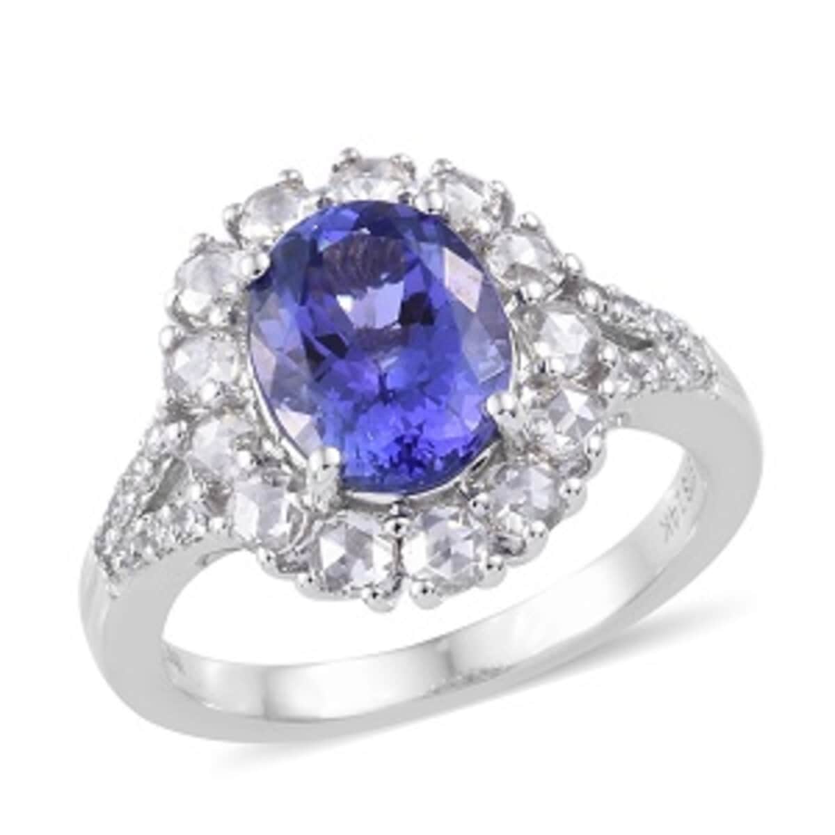 14K White Gold AAA Tanzanite and G-H I2 Diamond Halo Ring (Size 7.0) 5.15 Grams 3.10 ctw image number 0