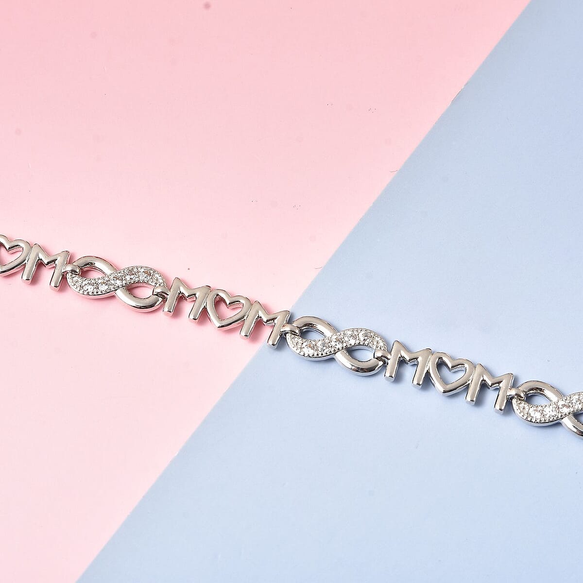 Simulated Diamond MOM &amp; Infinity Link Bracelet in Silvertone (6.50 In) 0.30 ctw image number 1