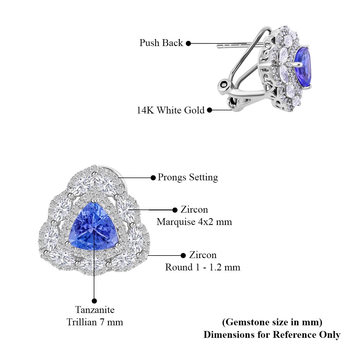 14K White Gold AAA Tanzanite and White Zircon Stud Earrings 7 Grams 7.40 ctw image number 4