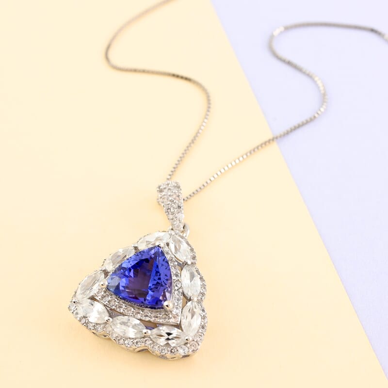 14K White Gold AAA Tanzanite and White Zircon Pendant Necklace (18 Inches) 5.15 Grams 5.25 ctw