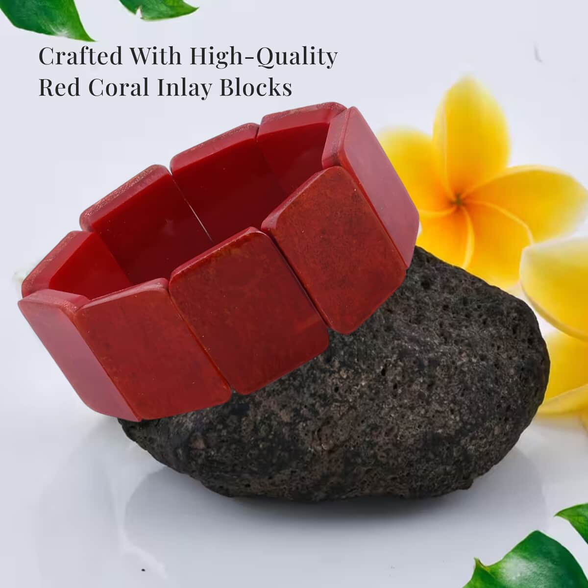 Red Coral Inlay Resin Block Stretch Bracelet, Beach Fashion Jewelry image number 4