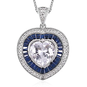 Simulated White and Blue Diamond Heart Pendant in Silvertone with Stainless Steel Necklace 20 Inches
