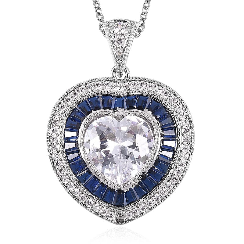 Simulated White and Blue Diamond Heart Pendant in Silvertone with Stainless Steel Necklace 20 Inches