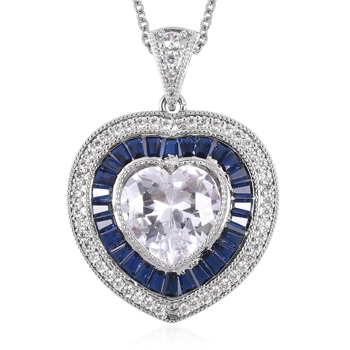 Simulated White and Blue Diamond Heart Pendant in Silvertone with Stainless Steel Necklace 20 Inches 10.00 ctw image number 0