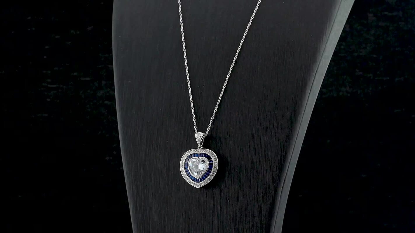 Simulated Blue Sapphire and Simulated White Diamond Pendant Necklace 20 Inch in Silvertone and Stainless Steel