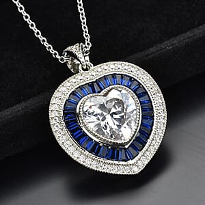 Simulated White and Blue Diamond Heart Pendant in Silvertone with Stainless Steel Necklace 20 Inches