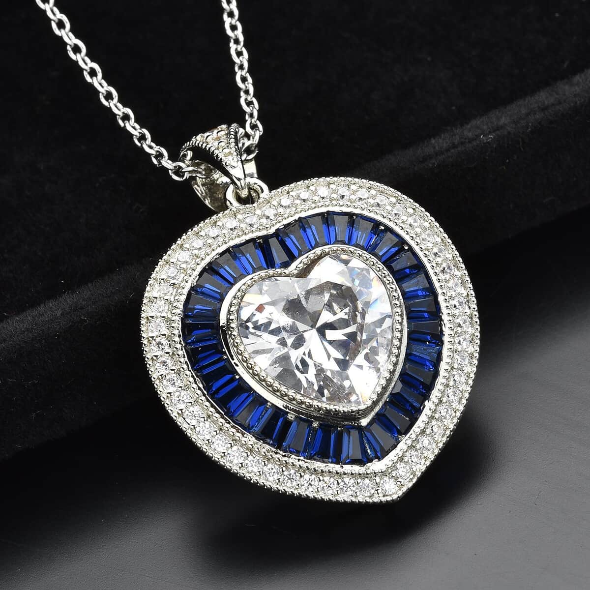 Simulated White and Blue Diamond Heart Pendant in Silvertone with Stainless Steel Necklace 20 Inches 10.00 ctw image number 1