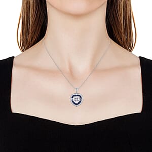 Simulated White and Blue Diamond Heart Pendant in Silvertone with Stainless Steel Necklace 20 Inches