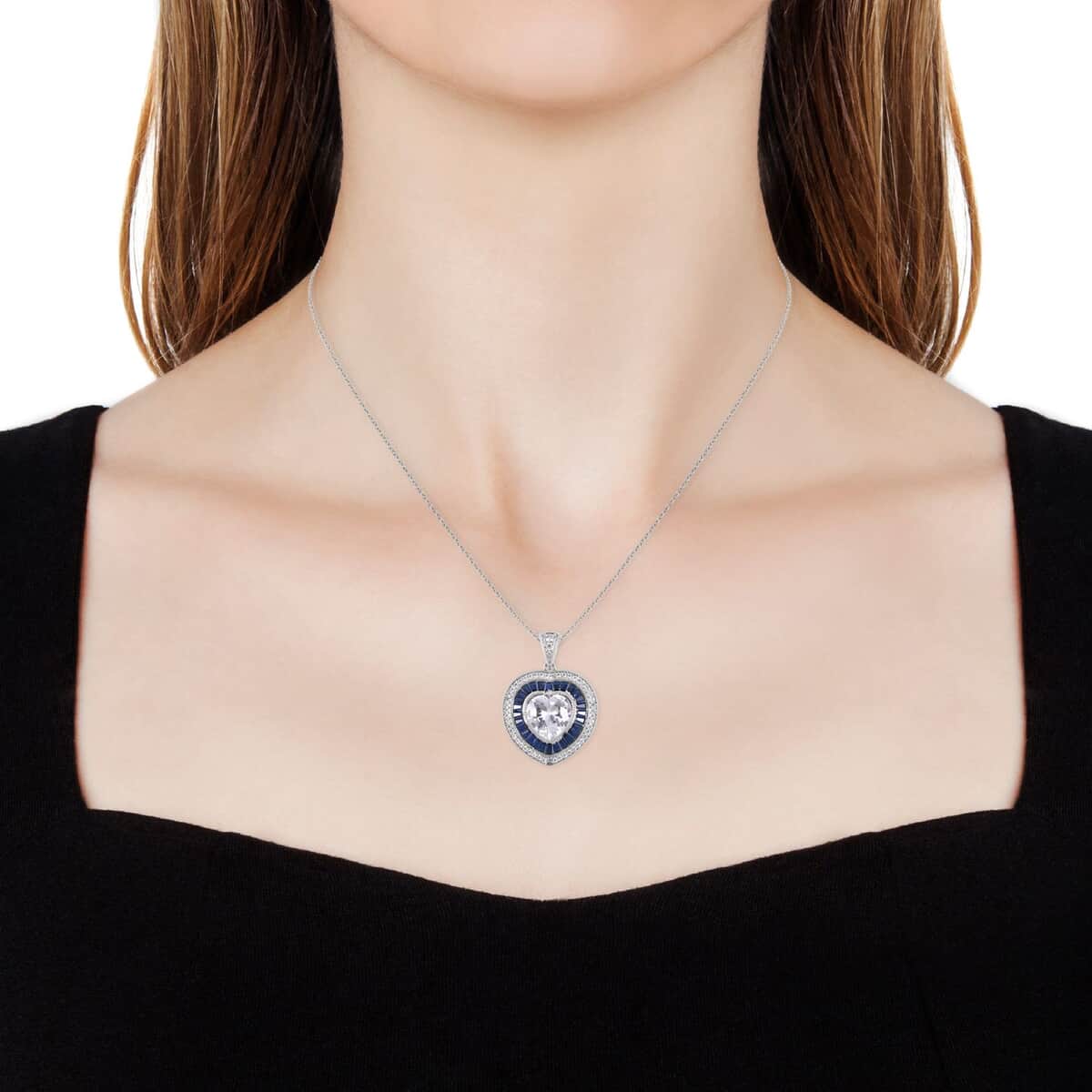 Simulated White and Blue Diamond Heart Pendant in Silvertone with Stainless Steel Necklace 20 Inches 10.00 ctw image number 2