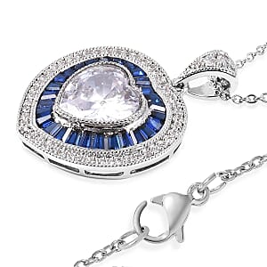 Simulated White and Blue Diamond Heart Pendant in Silvertone with Stainless Steel Necklace 20 Inches