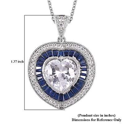 Simulated White and Blue Diamond Heart Pendant in Silvertone with Stainless Steel Necklace 20 Inches