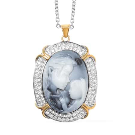 Gray Cameo and Austrian Crystal Pendant Necklace 20 Inches in ION Plated Yellow Gold and Stainless Steel image number 0