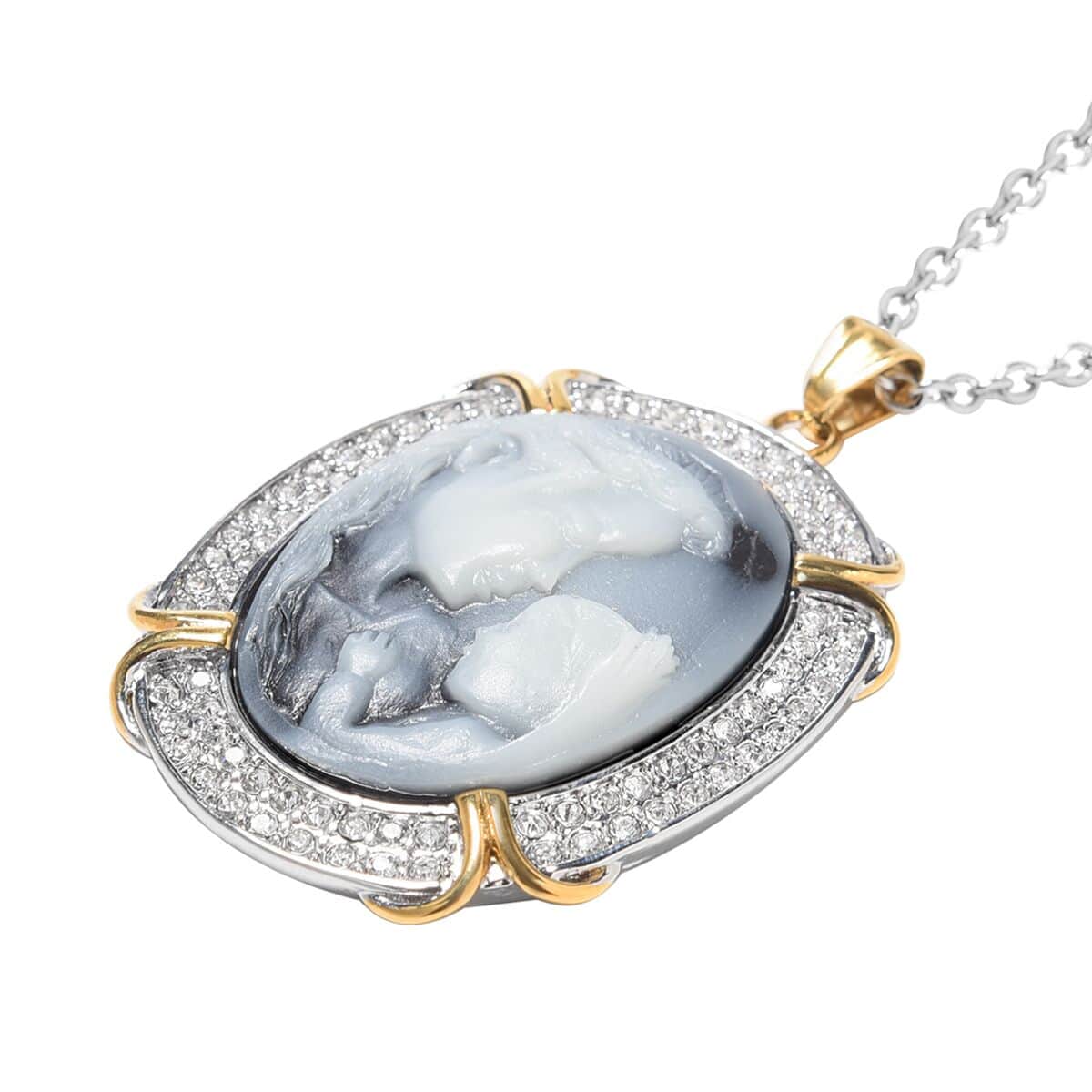 Gray Cameo and Austrian Crystal Pendant Necklace 20 Inches in ION Plated Yellow Gold and Stainless Steel image number 3