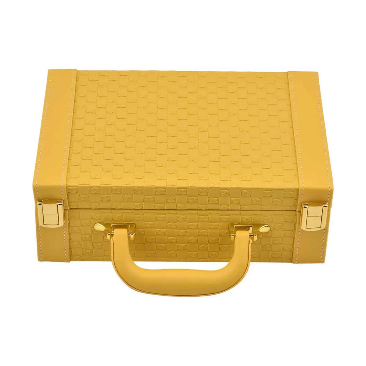 Yellow Jewelry Organizer Woven Texture Briefcase Faux Leather Box Case with  Handle Lock