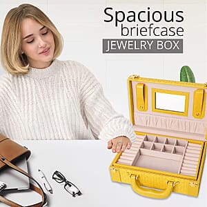 Yellow Faux Leather Woven Briefcase Jewelry Box with Handle and Lock (10x7x3.25 in)