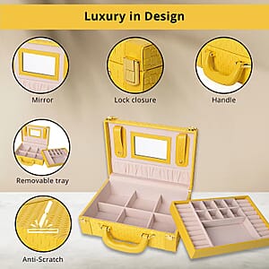 Yellow Faux Leather Woven Briefcase Jewelry Box with Handle and Lock (10x7x3.25 in)