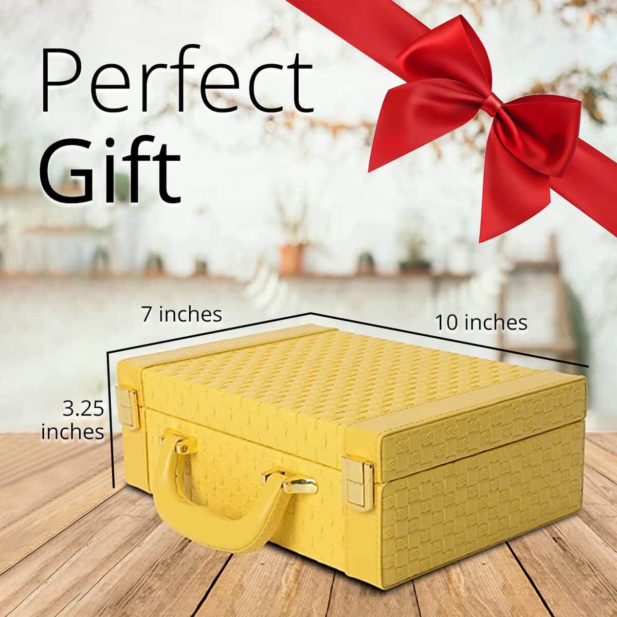 Yellow Jewelry Organizer Woven Texture Briefcase Faux Leather Box Case with Handle Lock image number 3