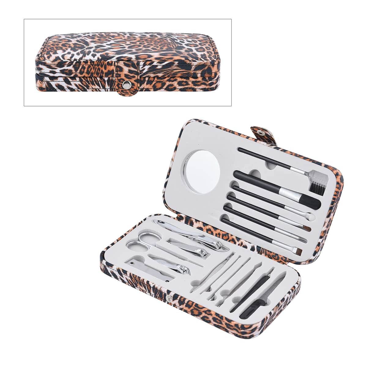 18 Pc Grooming and Cosmetic Manicure Kit in Leopard Pattern Faux Leather Snap Case image number 0
