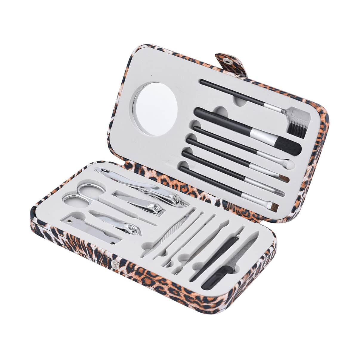 18 Pc Grooming and Cosmetic Manicure Kit in Leopard Pattern Faux Leather Snap Case image number 4