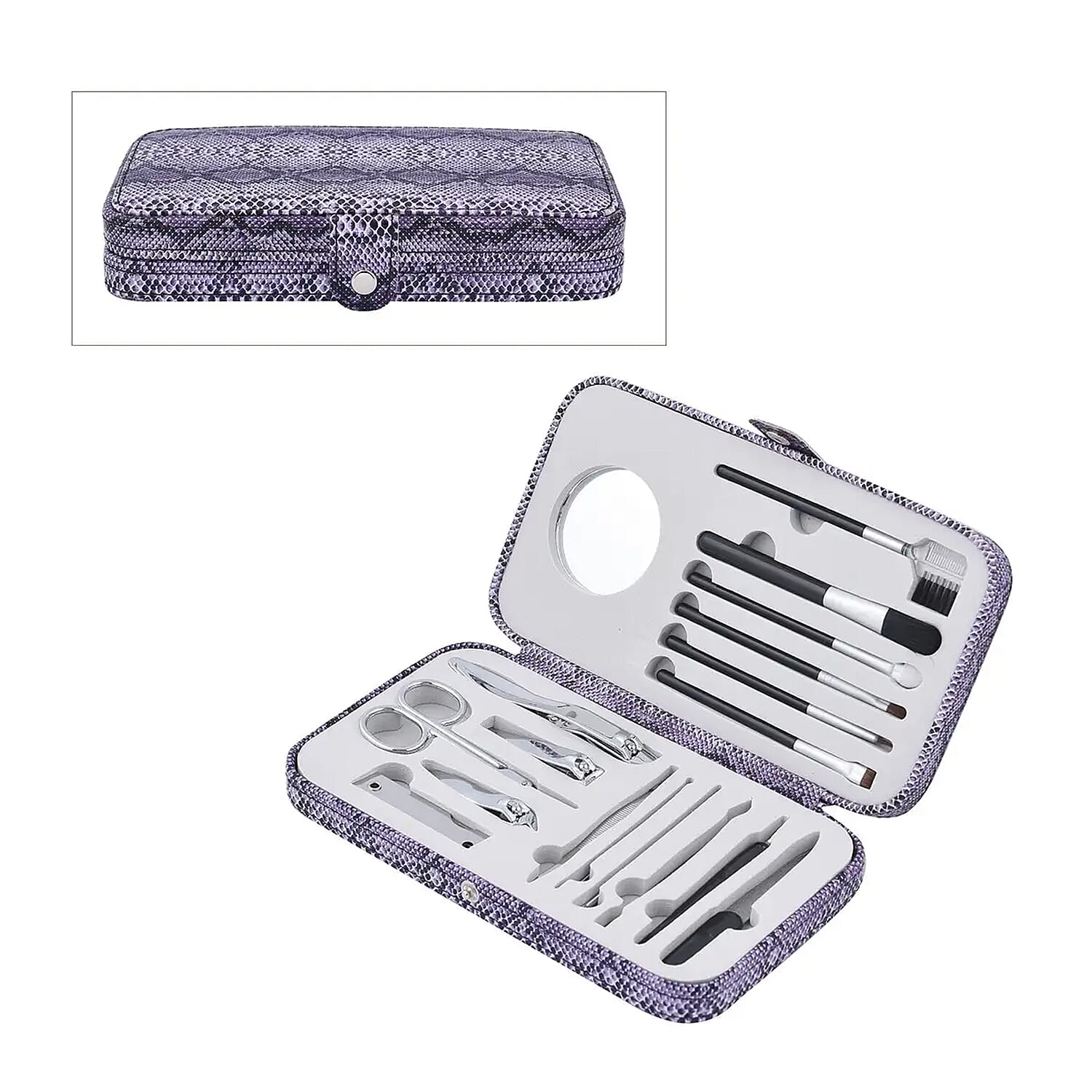 18 Pc Grooming and Cosmetic Makeup Kit in Snake Pattern Faux Leather Snap Case
