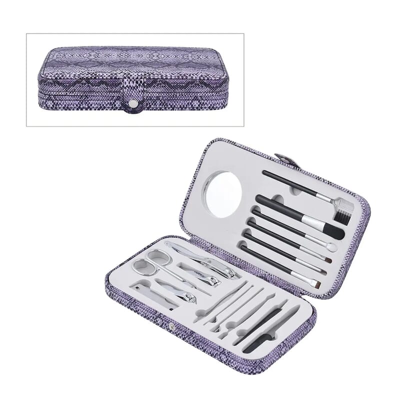 18 Pc Grooming and Cosmetic Makeup Kit in Snake Pattern Faux Leather Snap Case