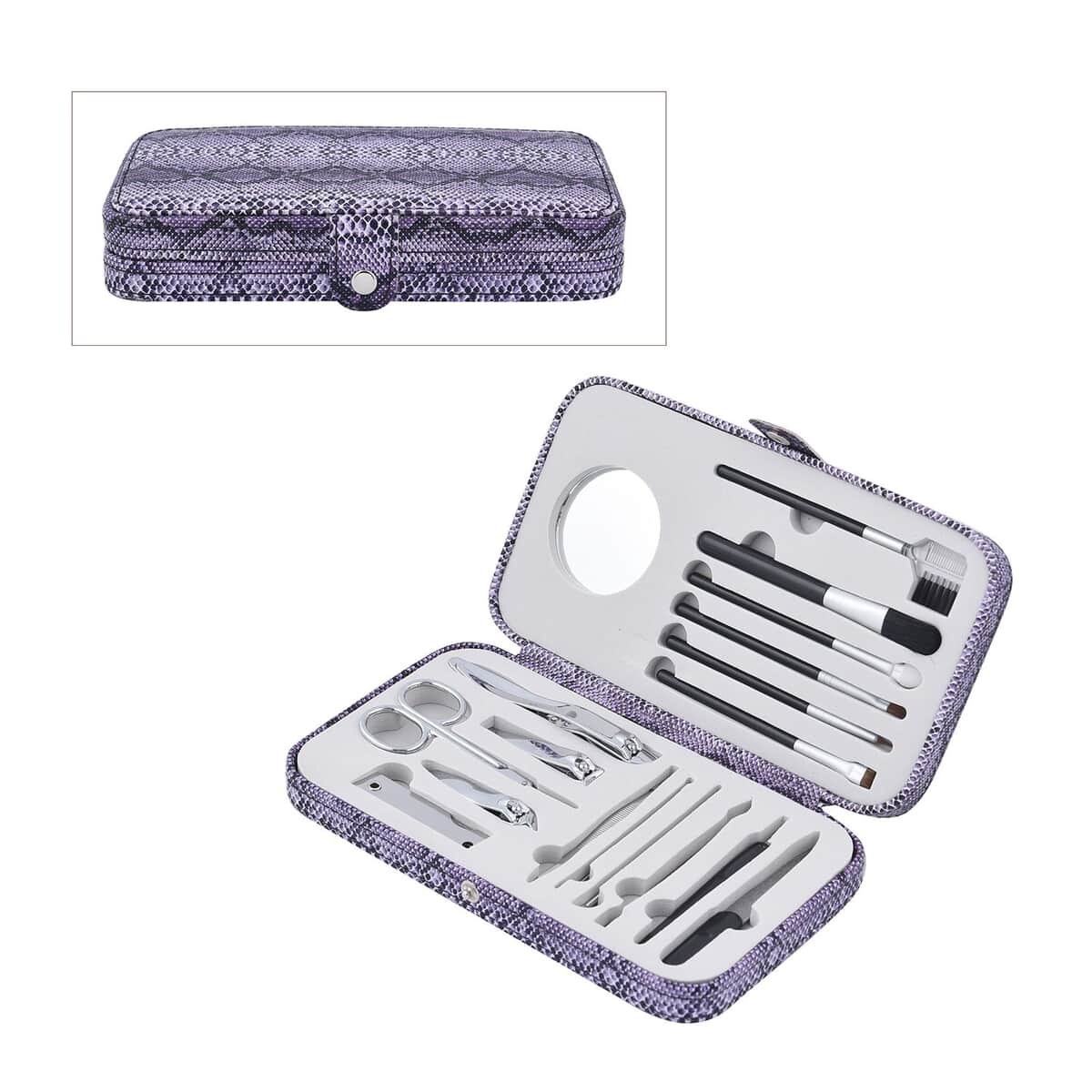 18 Pc Grooming and Cosmetic Makeup Kit in Snake Pattern Faux Leather Snap Case image number 0